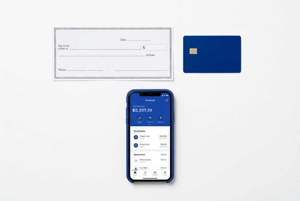 Direct deposit notice, paper paycheck and prepaid pay card laid out on a table