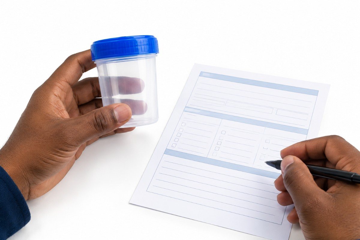 Sealed urine drug test collection cup and paperwork at a testing clinic