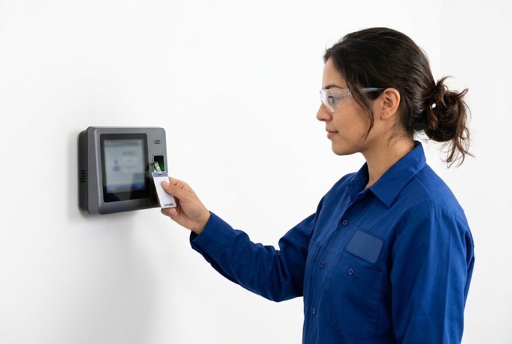 Worker clocking in at a time clock at the start of a warehouse shift