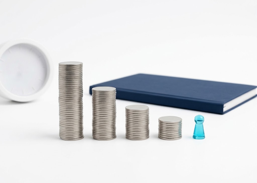 Stacks of coins getting shorter from left to right to show a conversion fee dropping as hours worked increase